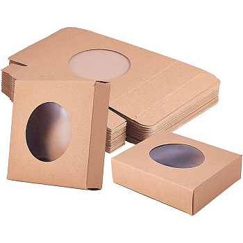 Foldable Kraft Paper Boxes, with Clear Window Paper Boxes, Square, BurlyWood, 10x10x2.4cm