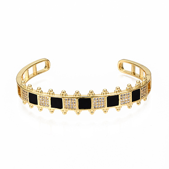 Brass Micro Pave Clear Cubic Zirconia Cuff Bangles, with Enamel, Nickel Free, Square, Real 16K Gold Plated, Black, Inner Diameter: 2-3/8x2 inch(5.9x4.5cm)