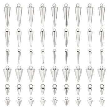 60Pcs 6 Style 304 Stainless Steel Pendants, Spike/Cone, Stainless Steel Color, 6.5~14x2~7mm, Hole: 1~2mm, 10pcs/style