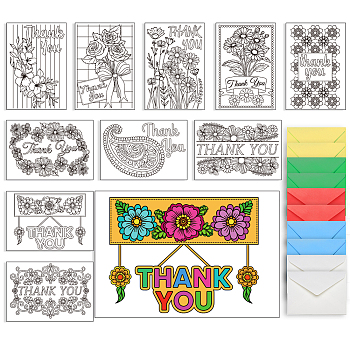 1 Set Thank You Theme Coloring Paper Greeting Cards Sets, Rectangle, with 10Pcs Kraft Paper Envelopes, Mixed Shapes, 110~203.2x152.4~160x0.5mm