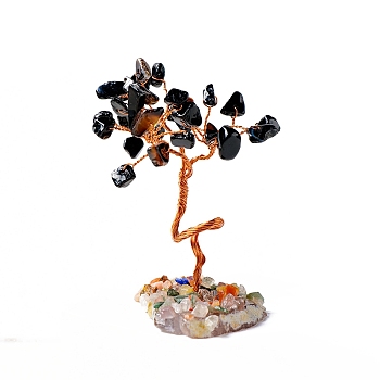 Natural Gemstone Chips and Natural Obsidian Pedestal Display Decorations, with Rose Gold Plated Brass Wires, Lucky Tree, 60~131mm