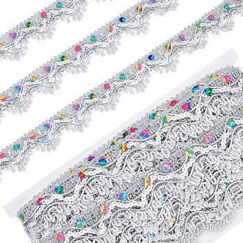 Elite 2 Cards Wave-Shaped Polyester Ribbons, with Colorful Sequins, Silver, 1-3/8 inch(34mm), about 9.30 Yards(8.5m)/card