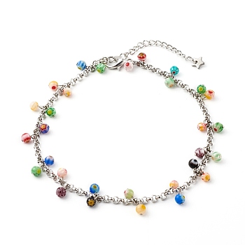 Millefiori Glass Charm Anklets, with 304 Stainless Steel Rolo Chains, Round, Colorful, Stainless Steel Color, 9-3/8 inch(23.9cm)