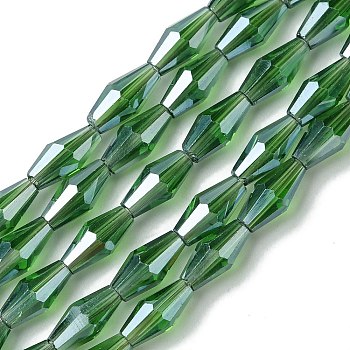 Transparent Electroplate Glass Beads Strands, Pearl Luster Plated, Faceted, Bicone, Green, 8x4mm, Hole: 0.8mm, about 66~68pcs/strand, 22.83''(58cm)