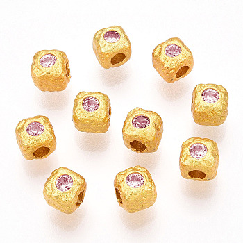 Brass Spacer Beads, with Rhinestone, Square, Matte Gold Color, Light Rose, 4x4.5x4.5mm, Hole: 1.8mm