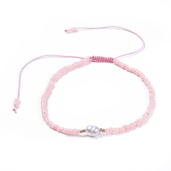 Adjustable Nylon Thread Braided Beads Bracelets, with Glass Seed Beads and Grade A Natural Freshwater Pearls, Pink, 2-1/8 inch(5.3cm)