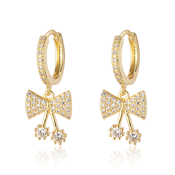Clear Cubic Zirconia Bowknot Dangle Hoop Earrings, Brass Earrings, Real 18K Gold Plated, 26x10mm