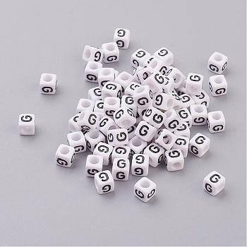 Acrylic Horizontal Hole Letter Beads, Cube, White, Letter G, Size: about 6mm wide, 6mm long, 6mm high, hole: about 3.2mm, about 2600pcs/500g