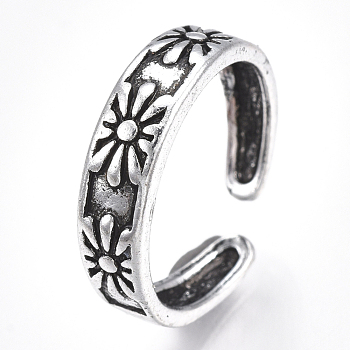 Alloy Cuff Finger Rings, Wide Band Rings, Flower, Antique Silver, Size 5, 16mm
