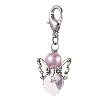 Heart Angel Glass Pendant Decoration, Lobster Claw Clasps Charm for Bag Ornaments, Plum, 43mm