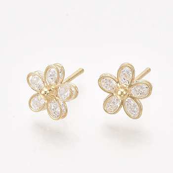 Brass Earring Studs, with Cubic Zirconia, Flower, Real 18K Gold Plated, 9x9mm, Pin: 0.8mm