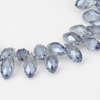 Electroplate Glass Beads Strands, Top Drilled Beads, Faceted Teardrop, Full Rainbow Plated, Light Steel Blue, 12x6mm, Hole: 1mm, about 100pcs/strand, 15.7 inch