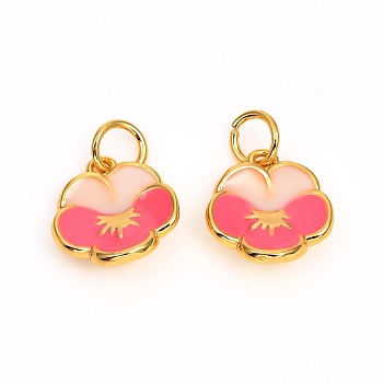 Brass Enamel Charms, Long-Lasting Plated, Flower, Real 18K Gold Plated, Hot Pink, 12x10.5x3.5mm, Hole: 3mm