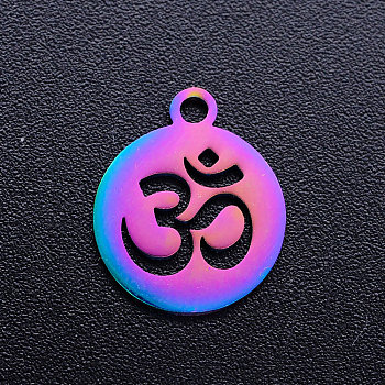 Chakra Theme Ion Plating(IP) 201 Stainless Steel Charms, Flat Round with Om Symbol, Rainbow Color, 14x12x1mm, Hole: 1.5mm