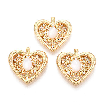 Natural White Shell Pendants, Heart Charms with Brass Micro Pave Clear Cubic Zirconia Settings, Real 18K Gold Plated, 25.5x25x6.5~7mm, Hole: 2.5x1.8mm