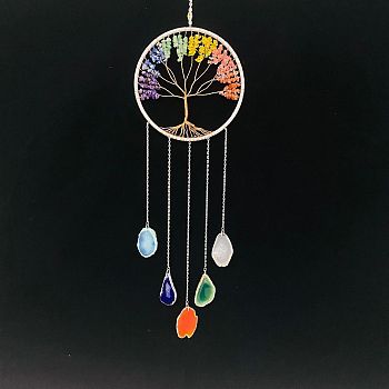 Natural Agate Wind Chime, with Tree of Life Natural Gemstone Chip for Home Garden Decoration, Colorful, 580x160mm