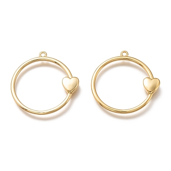 Brass Pendants, Long-Lasting Plated, Ring with Heart, Real 18K Gold Plated, 28.5x28x2.8mm, Hole: 1.5mm