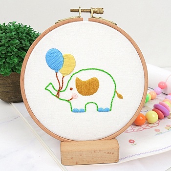 DIY Cartoon Animal Embroidery Sets, Including Imitation Bamboo Frame, Plastic & Alloy Pins, Cloth, Colorful Threads, Elephant Pattern, 37~190x1~195x0.6~8.5mm, Inner Diameter: 107mm