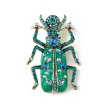 Beetles Enamel Pin with Rhinestone, Antique Golden Alloy Badge for Backpack Clothes, Sea Green, 71.5x48x17mm, Pin: 0.8mm