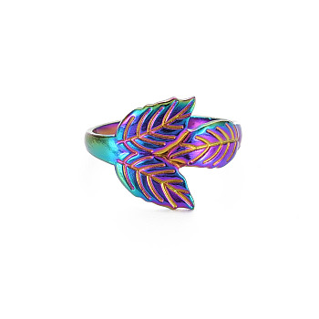 Rainbow Color 304 Stainless Steel Leaf Cuff Ring, Open Ring for Women, US Size 7 1/4(17.5mm)