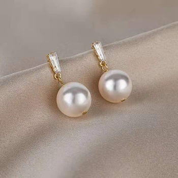 Imitation Pearl Bead Dangle Earrings for Women, with Alloy Rhinestone Findings, Round, 18x11mm