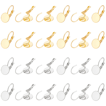 40Pcs 2 Colors 304 Stainless Steel Leverback Earring Findings, Flat Round Earrings Setting for Cabochon, Golden & Stainless Steel Color, 20.5x10x11mm, Pin: 0.8mm, 20Pcs/color