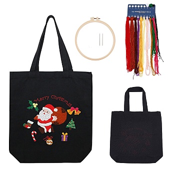 Christmas Theme DIY Canvas Tote Bag Santa Claus Embroidery Making Kit, with Steel Needles, Plastic Embroidery Hoop & Polycotton Thread, Instruction, Mixed Color, 50~600x1~330x1~100mm, 7pcs/set