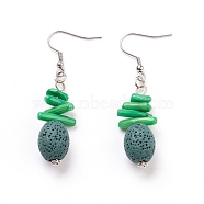 Natural Lava Rock Dangle Earrings, with Synthetic Gemstones, Alloy Spacer Beads and Stainless Steel Earring Hooks, Oval, Teal, 56~58mm, Pin: 0.7mm(EJEW-E260-A02)