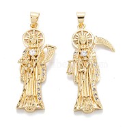 Brass Micro Pave Clear Cubic Zirconia Pendants, Long-Lasting Plated, Death, Real 18K Gold Plated, 37.5x15x4mm, Hole: 5x3.5mm(ZIRC-M115-20G)