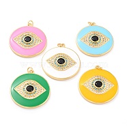 Real 18K Gold Plated Brass Micro Pave Cubic Zirconia Pendants, with Jump Ring and Enamel, Long-Lasting Plated, Flat Round with 
Evil Eye, Mixed Color, 33x30x4mm, Jump Ring: 5x1mm, 3mm Inner Diameter(ZIRC-L100-084G)
