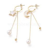 304 Stainless Steel Asymmetrical Earrings, Half Hoop Earrings, with Natural White Shell, Plastic Imitation Pearl Beads and Ear Nuts, Star & Moon, Golden, 78.5~87mm, Pin: 0.8mm(EJEW-O098-04G)