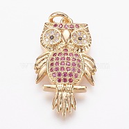 Brass Micro Pave Cubic Zirconia Pendants, Cadmium Free & Nickel Free & Lead Free, Owl, Real 18K Gold Plated, 24.5x14.5x4.5mm, Hole: 3mm(ZIRC-G109-08G-NR)