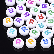 Initial Acrylic Beads, Horizontal Hole, Flat Round, Mixed Color, Letter.R, 7x3.5~4mm, Hole: 1.2mm, about 3700pcs/500g(OACR-E001-20R)