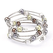Five Loops Fashion Wrap Bracelets, with Shell Pearl Beads, 304 Stainless Steel Beads and Steel Memory Wire, Colorful, Inner Diameter: 2-1/4 inch(5.7cm)(BJEW-JB05512-01)
