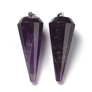 Natural Amethyst Pendants, with Brass Findings, Faceted, 12 Facets Cone/Spike/Pendulum, Platinum, 42~44x15~16mm, Hole: 3.6x4mm(G-Z026-01K-P)