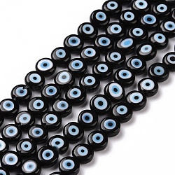 Handmade Evil Eye Lampwork Flat Round Bead Strands, Black, 6x3mm, Hole: 1mm, about 65pcs/strand(LAMP-L058-6mm-18)