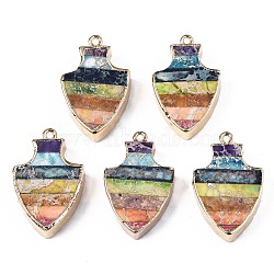 Rainbow Color Natural Imperial Jasper Pendants, with Golden Iron Loop and Edge, Dyed, Arrows, 30~31x19x6~7mm, Hole: 1.6mm(G-S359-327)