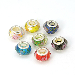 Glass European Beads, Large Hole Beads, Mixed Color, with Flower Inside, Brass Core in Silver Color, about 13mm wide, 8mm long, hole: 5mm(X-GDA003)