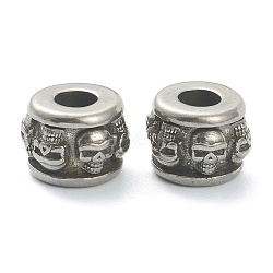 304 Stainless Steel European Beads, Large Hole Beads, Drum with Skull, Antique Silver, 11x8.5mm, Hole: 4.5mm(STAS-I181-036AS)