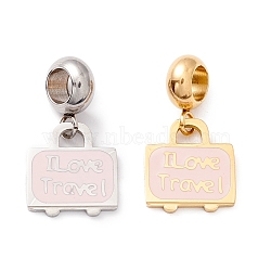 304 Stainless Steel European Dangle Charms, Large Hole Pendants, with Enamel, Bag & Word I Love Travel, Golden & Stainless Steel Color, 22mm, Hole: 4.5mm(STAS-I192-27)
