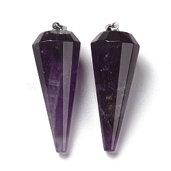 Natural Amethyst Pendants, with Brass Findings, Faceted, Cone/Spike/Pendulum, Platinum, 42~44x15~16mm, Hole: 3.6x4mm(G-Z026-01K-P)