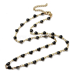 Ion Plating(IP) Golden 304 Stainless Steel Heart Link Chain Necklaces, with Enamel, Black, 17.72~17.91 inch(45~45.5cm)(NJEW-E098-02G-04)
