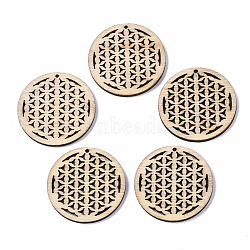 Undyed Natural Wooden Pendant, Spiritual Charms, Laser Cut Shapes, Flower of Life/Sacred Geometry, Antique White, 32x2.5mm, Hole: 1.2mm(X-WOOD-T028-17)