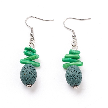 Natural Lava Rock Dangle Earrings, with Synthetic Gemstones, Alloy Spacer Beads and Stainless Steel Earring Hooks, Oval, Teal, 56~58mm, Pin: 0.7mm