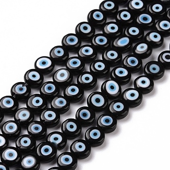 Handmade Evil Eye Lampwork Flat Round Bead Strands, Black, 6x3mm, Hole: 1mm, about 65pcs/strand