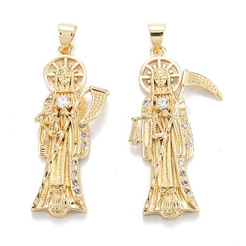Brass Micro Pave Clear Cubic Zirconia Pendants, Long-Lasting Plated, Death, Real 18K Gold Plated, 37.5x15x4mm, Hole: 5x3.5mm