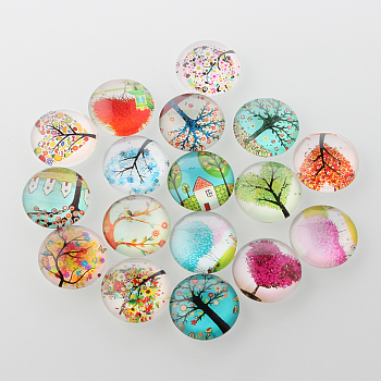 Tree of Life Printed Half Round/Dome Glass Cabochons, Mixed Color, 30x7mm