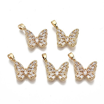Brass Micro Pave Clear Cubic Zirconia Pendants, Nickel Free, Butterfly, Real 18K Gold Plated, 24x17.5x3.5mm, Hole: 2.5x5mm