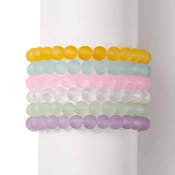 Frosted Glass Round Beaded Stretch Bracelet Sets for Women, Mixed Color, Inner Diameter: 2-1/2 inch(6.5cm), 6pcs/set