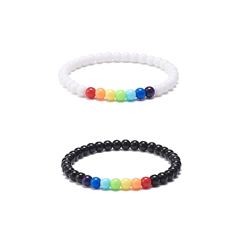 2Pcs 2 Colors Acrylic Round Beaded Stretch Bracelets Set for Women, Colorful, Inner Diameter: 2-1/4 inch(5.7cm), 1Pc/color
